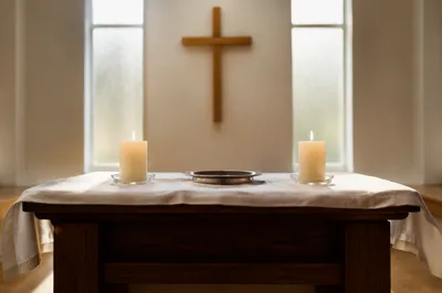 Reverent Communion Table with Cross and Candles