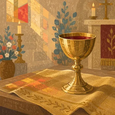 Golden Communion Chalice on Altar Cloth