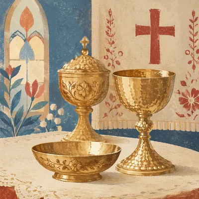 Golden Communion Chalice on White Altar Cloth