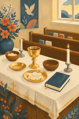 Golden Communion Chalice on Altar Table