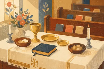 Golden Communion Chalice on Altar Table
