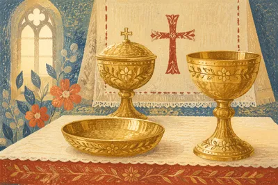 Golden Communion Chalice on Altar Cloth