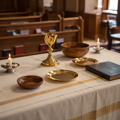 Golden Communion Chalice on White Altar