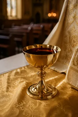 Golden Communion Chalice on Altar Cloth