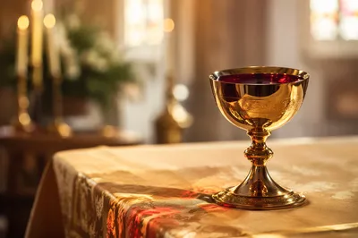 Golden Communion Chalice on Altar Cloth