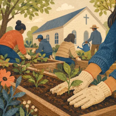 Church Community Garden Volunteers Planting Seedlings