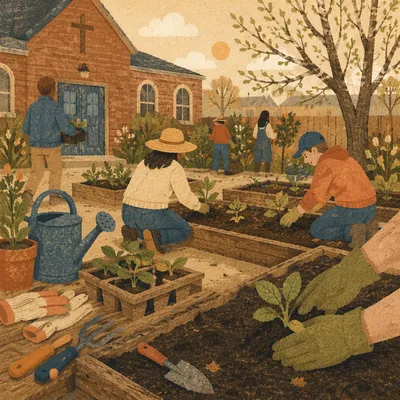 Church Volunteers Planting in Community Garden