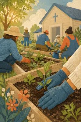 Church Community Garden Volunteers Planting Seedlings