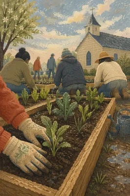 Church Community Garden Volunteer Planting Scene