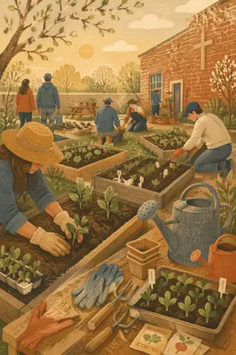 Church Volunteers Planting in Community Garden