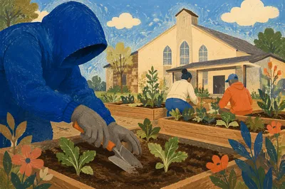 Church Community Garden Volunteers Planting Seedlings