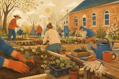 Church Volunteers Planting in Community Garden