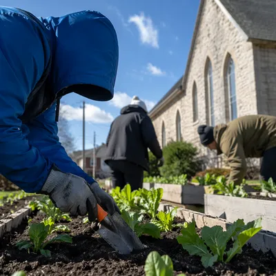 Church Community Garden Volunteers Planting Seedlings