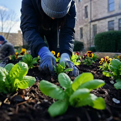 Church Volunteer Planting Seedlings in Spring Garden
