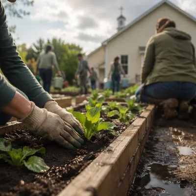 Church Community Garden Volunteers Planting Seedlings