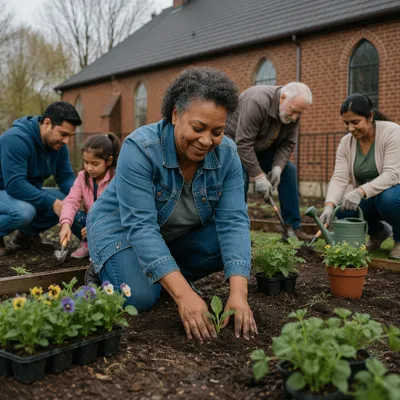 Church Volunteers Planting in Community Garden