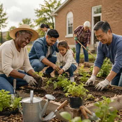 Church Volunteers Planting in Community Garden