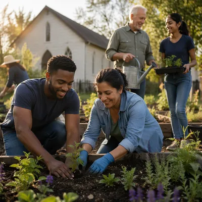 Church Volunteers Planting in Community Garden