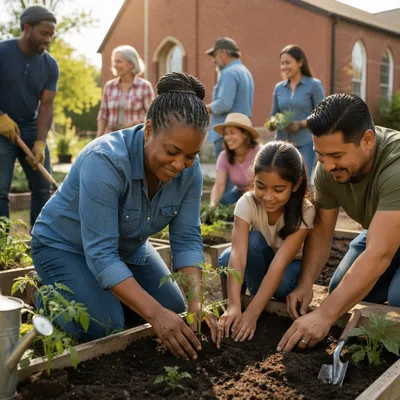 Community Volunteers Planting in Neighborhood Garden
