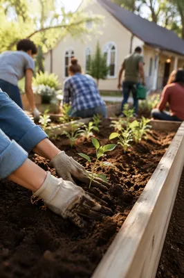 Church Community Garden Volunteers Planting Seedlings