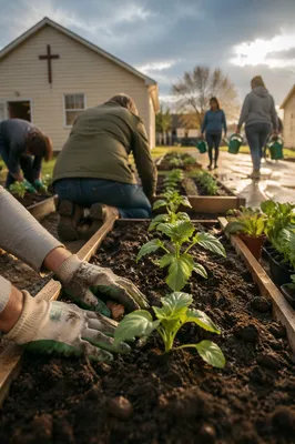 Church Community Garden Volunteers Planting Seedlings