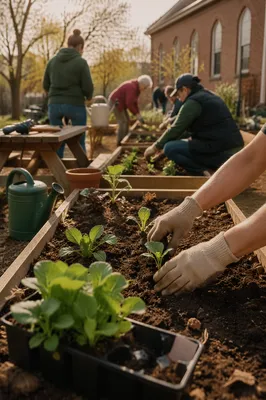 Church Volunteers Planting in Community Garden