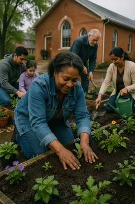 Community Volunteers Planting in Neighborhood Garden