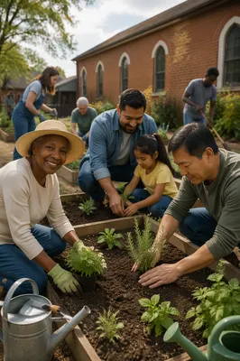 Volunteers Planting Seedlings in Community Garden