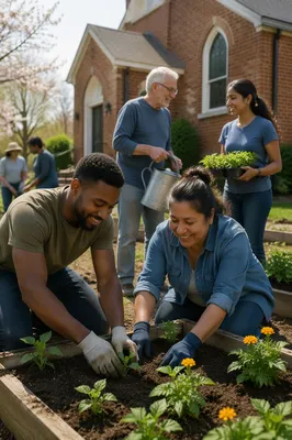 Volunteers Planting in Community Garden