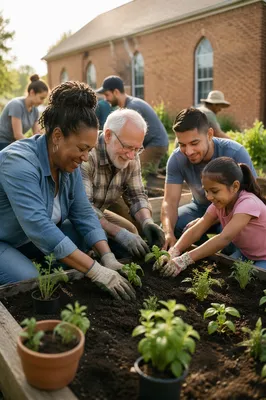 Volunteers Planting Seedlings in Community Garden