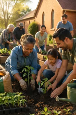 Volunteers Planting Seedlings in Community Garden