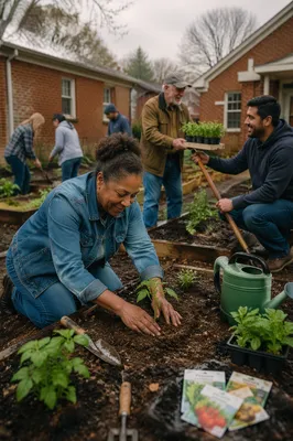 Volunteers Planting Seedlings in Community Garden