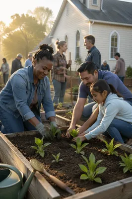Volunteers Planting Seedlings in Community Garden