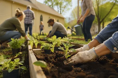 Church Community Garden Volunteers Planting Seedlings