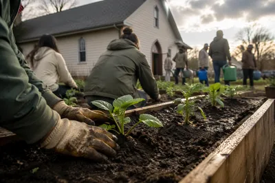 Church Community Garden Volunteers Planting Seedlings