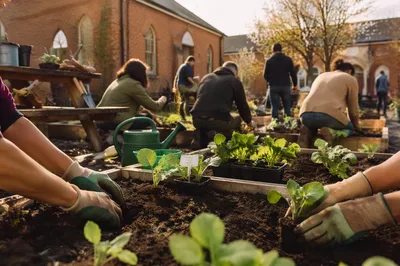 Church Volunteers Planting in Community Garden