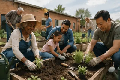 Volunteers Planting Seedlings in Neighborhood Garden