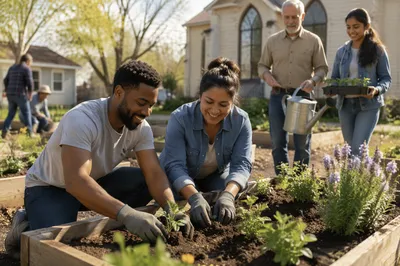 Community Volunteers Planting in Spring Garden