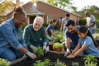Volunteers Planting Seedlings in Neighborhood Garden