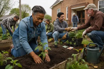 Volunteers Planting Seedlings in Community Garden