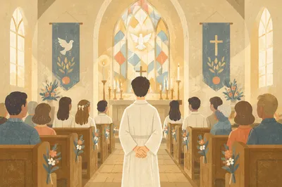 Teen Confirmation Walks Toward Church Altar