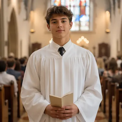 Teenager in White Robe at Chapel