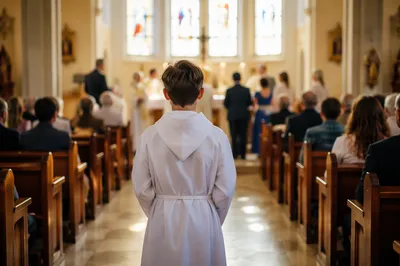 Teenager in White Robe at Confirmation