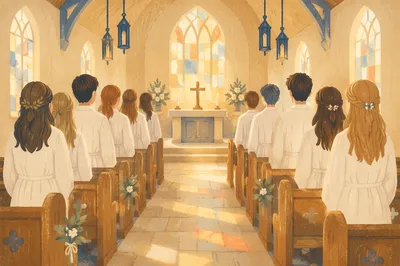 Confirmation Class Teens in White Robes