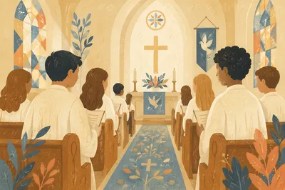Confirmation Class Teens in White Robes