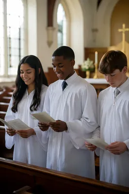 Teens in White Robes Inside Church