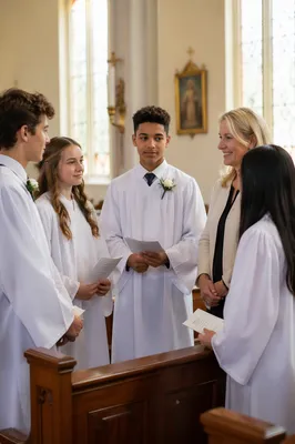 Teens in White Robes Inside Church