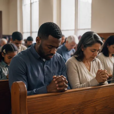 Congregation Praying in Sunlit Church Sanctuary