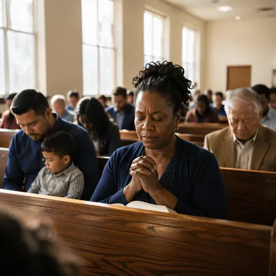 Congregation Praying in Sunlit Church Hall