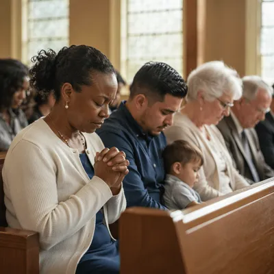 Congregation Praying in Sunlit Church Sanctuary